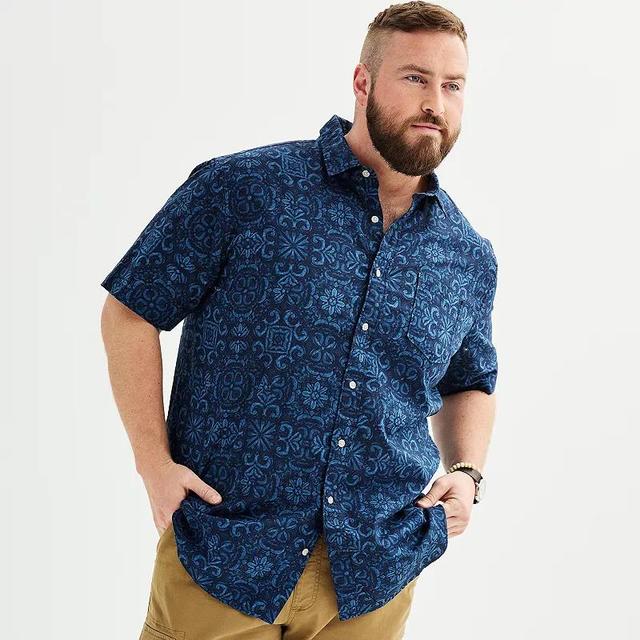 Big & Tall Sonoma Goods For Life Perfect-Length Linen Blend Button-Down Shirt, Mens Blue Amber Tile Product Image