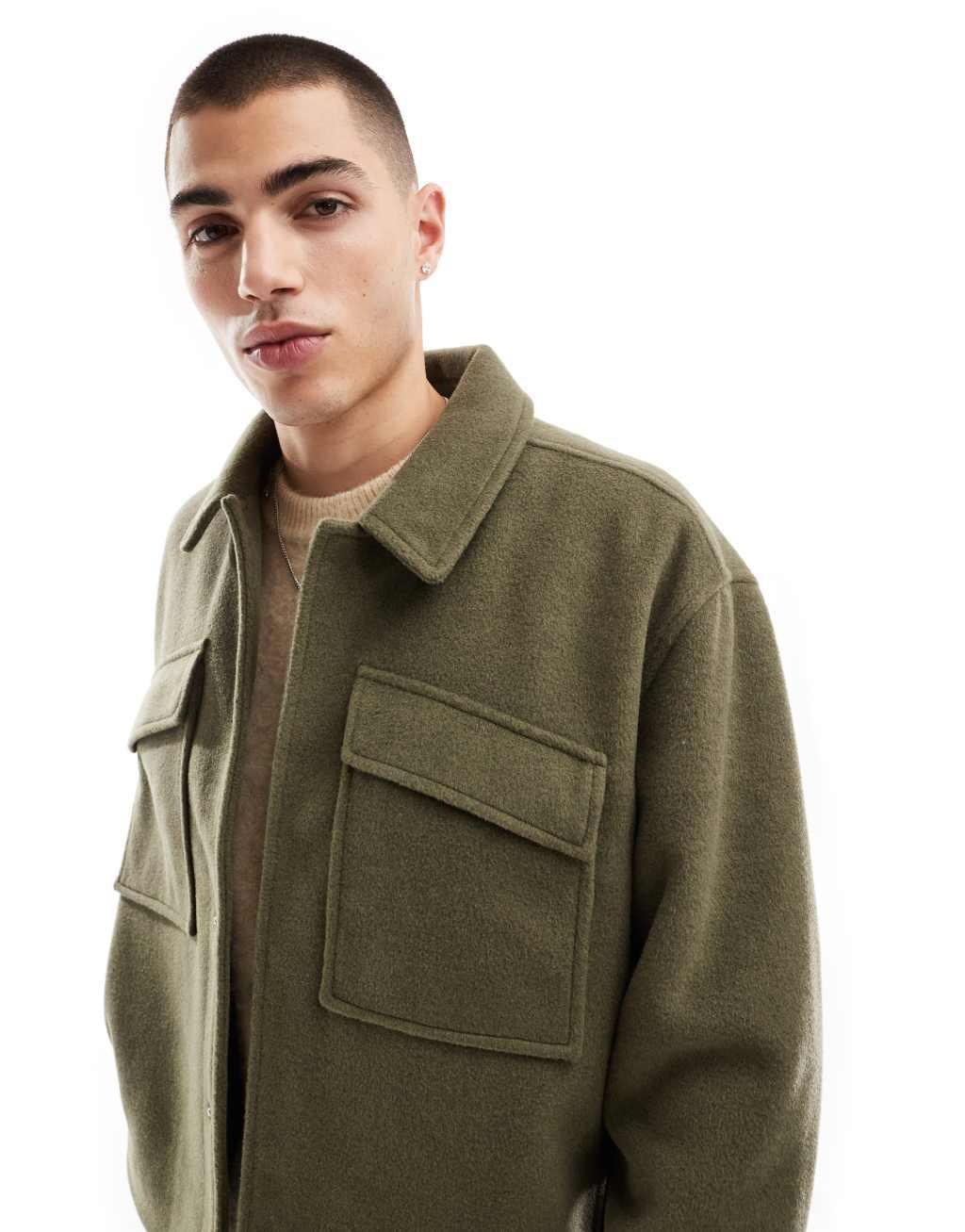 ASOS DESIGN oversized wool look harrington jacket in khaki Product Image