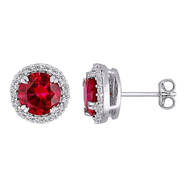 Stella Grace Sterling Silver Lab-Created Ruby & Lab-Created White Sapphire Halo Stud Earrings, Womens Product Image