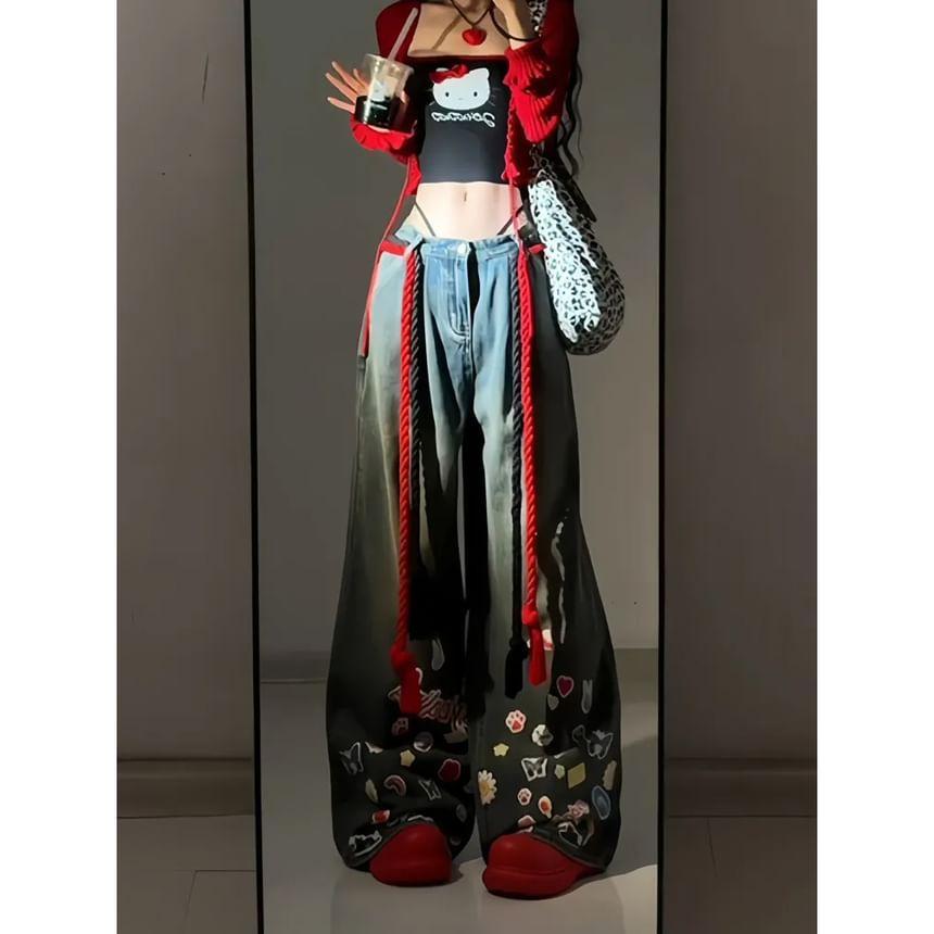 Low Waist Washed Cartoon Applique Wide Leg Jeans Product Image