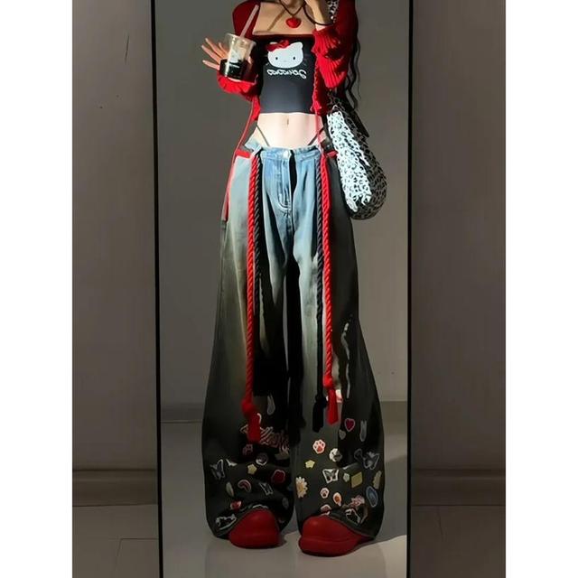 Low Waist Washed Cartoon Applique Wide Leg Jeans Product Image