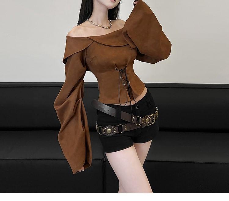 Long-Sleeve Off Shoulder Lace-Up Crop Top Product Image