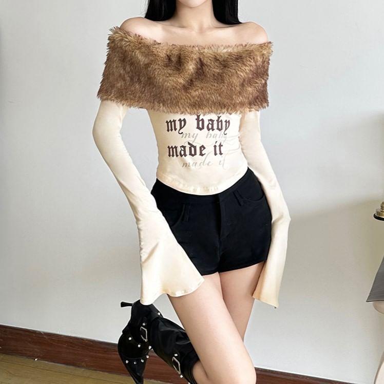 Long-Sleeve Off-Shoulder Lettering Print Fluffy Panel Slim Fit Crop Tee Product Image