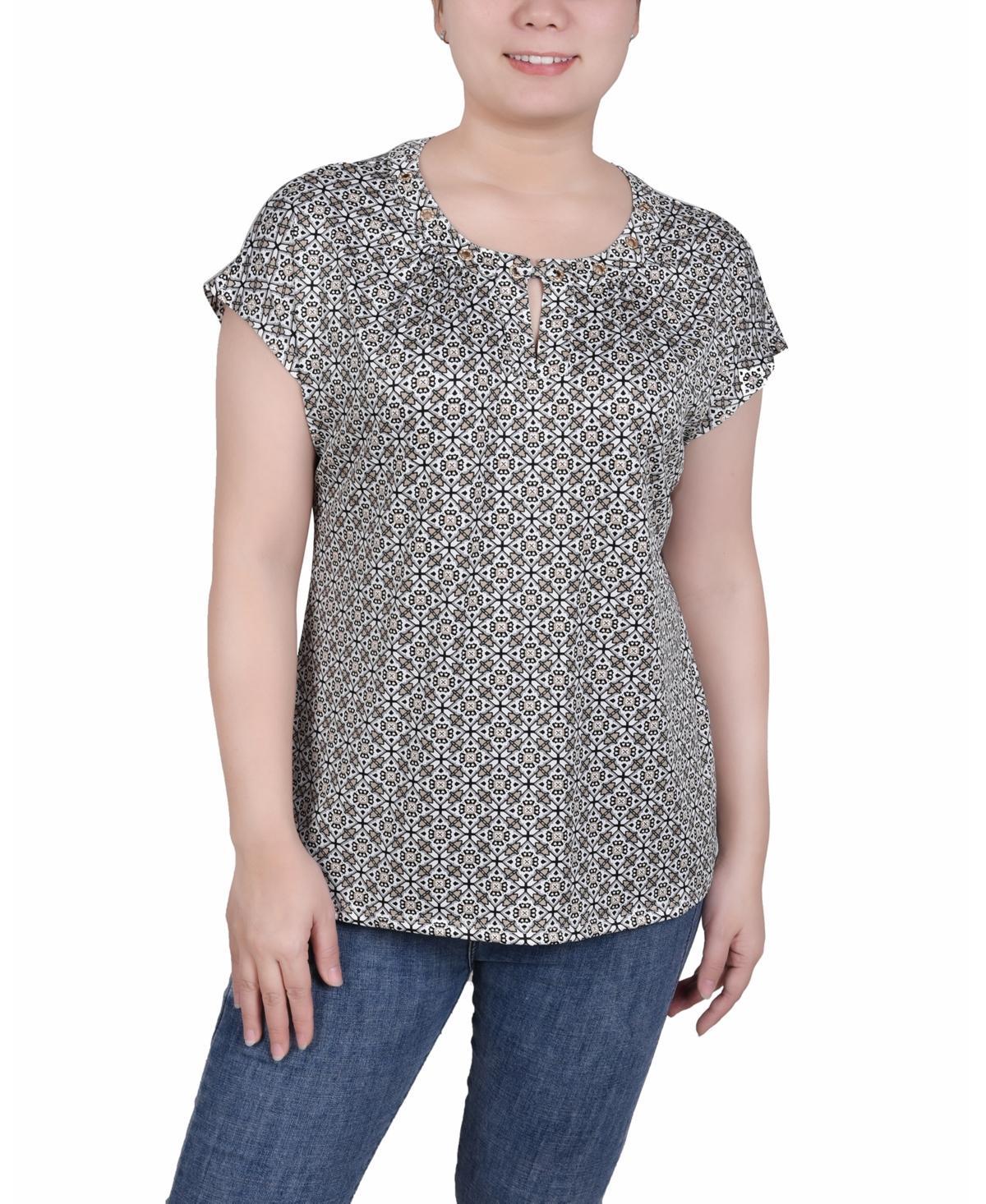 Ny Collection Petite Grommet Neck Knit Short Extended Sleeve Top Product Image