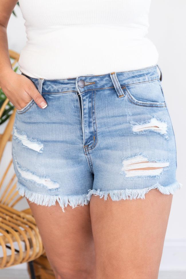 Someday Maybe Distressed Denim Light Wash Shorts FINAL SALE Product Image