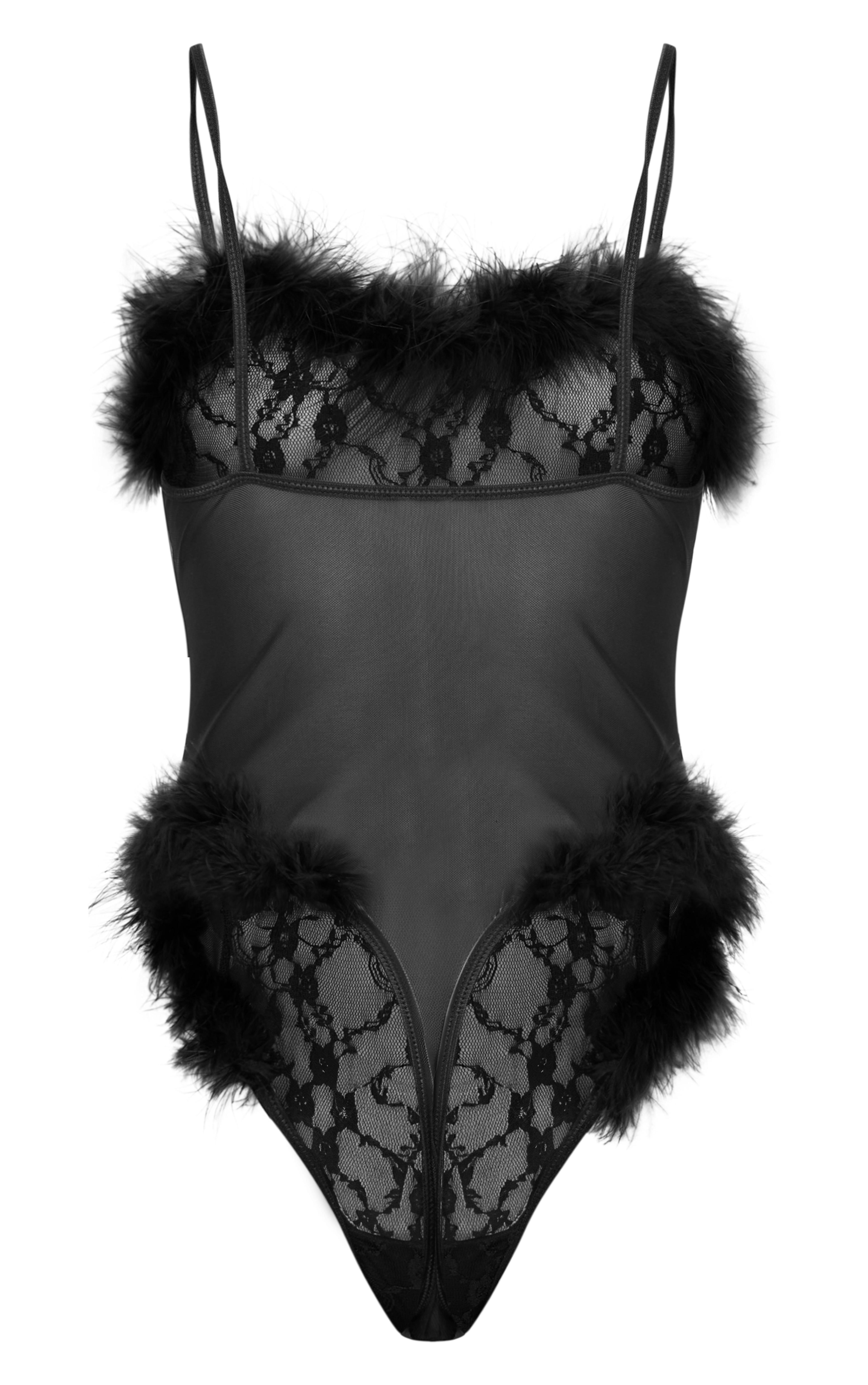 Black Lace Feather Trim Lingerie Bodysuit Product Image