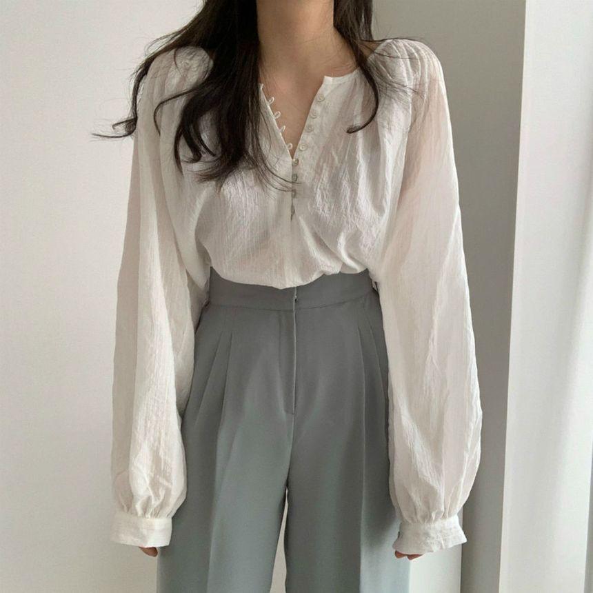 Long-Sleeve Henley Blouse Product Image