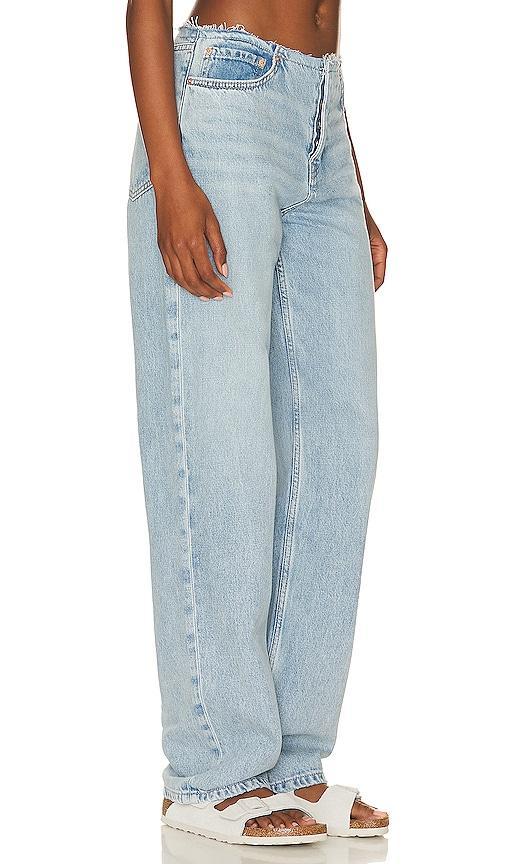 GRLFRND Jordan Low Rise Frayed Waist Boyfriend in Blue. Size 27, 30, 31, 32. Product Image