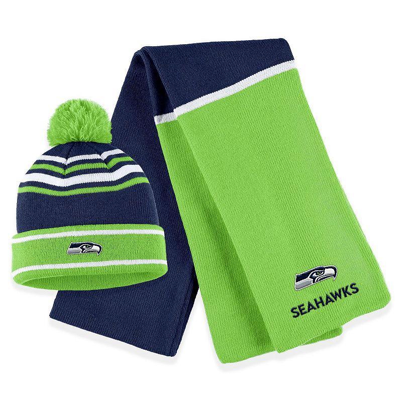 Womens WEAR by Erin Andrews College Seattle Seahawks Colorblock Cuffed Knit Hat with Pom and Scarf Set, Blue Product Image