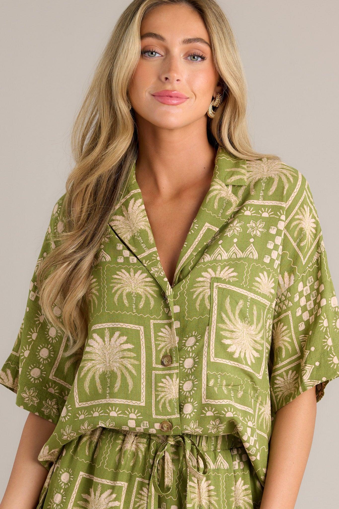 Tropical Treasures Olive Green Tropical Print Top Product Image