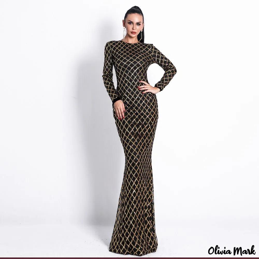 Olivia Mark – Sexy Women’s Long Sleeve Plaid Round Neck Dress Elegant Evening Sequins Dress Product Image