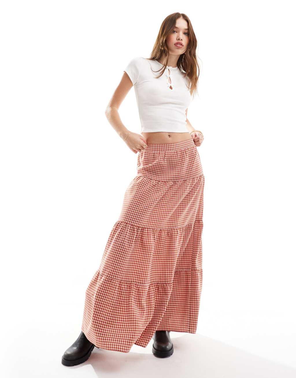 Miss Selfridge tiered maxi gingham skirt in rust Product Image