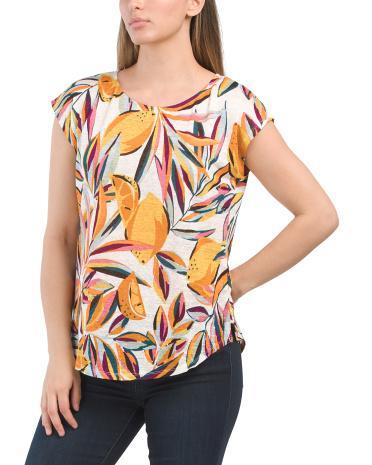 Linen Short Sleeve Cali Lemon Palm Print Top for Women Product Image