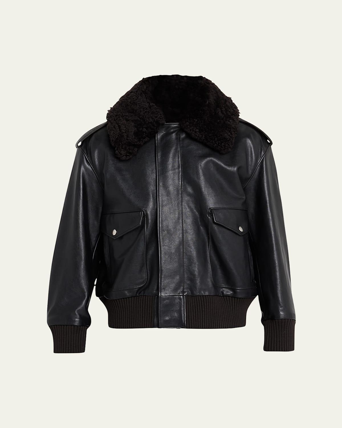 Mens Leather Shearling-Collar Aviator Jacket Product Image