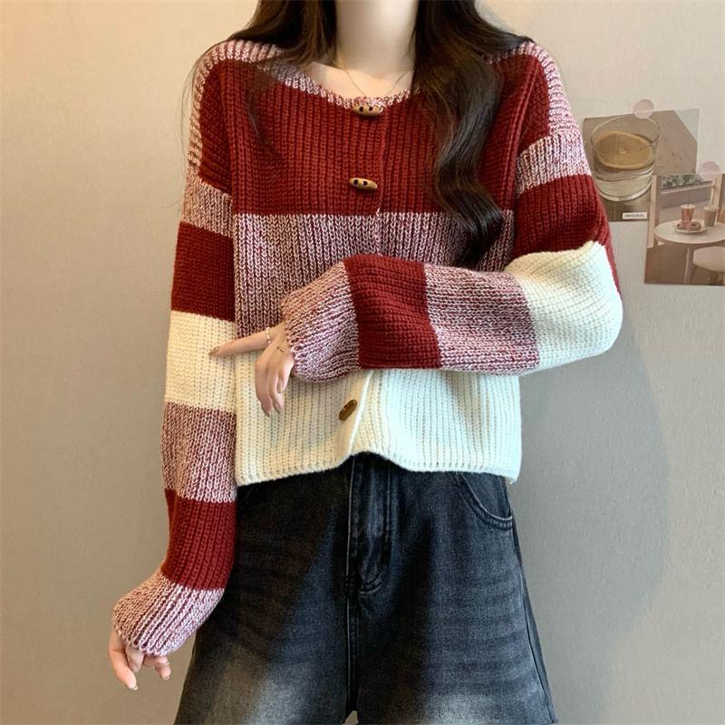 Round Neck Color Block Toggle Cardigan Product Image