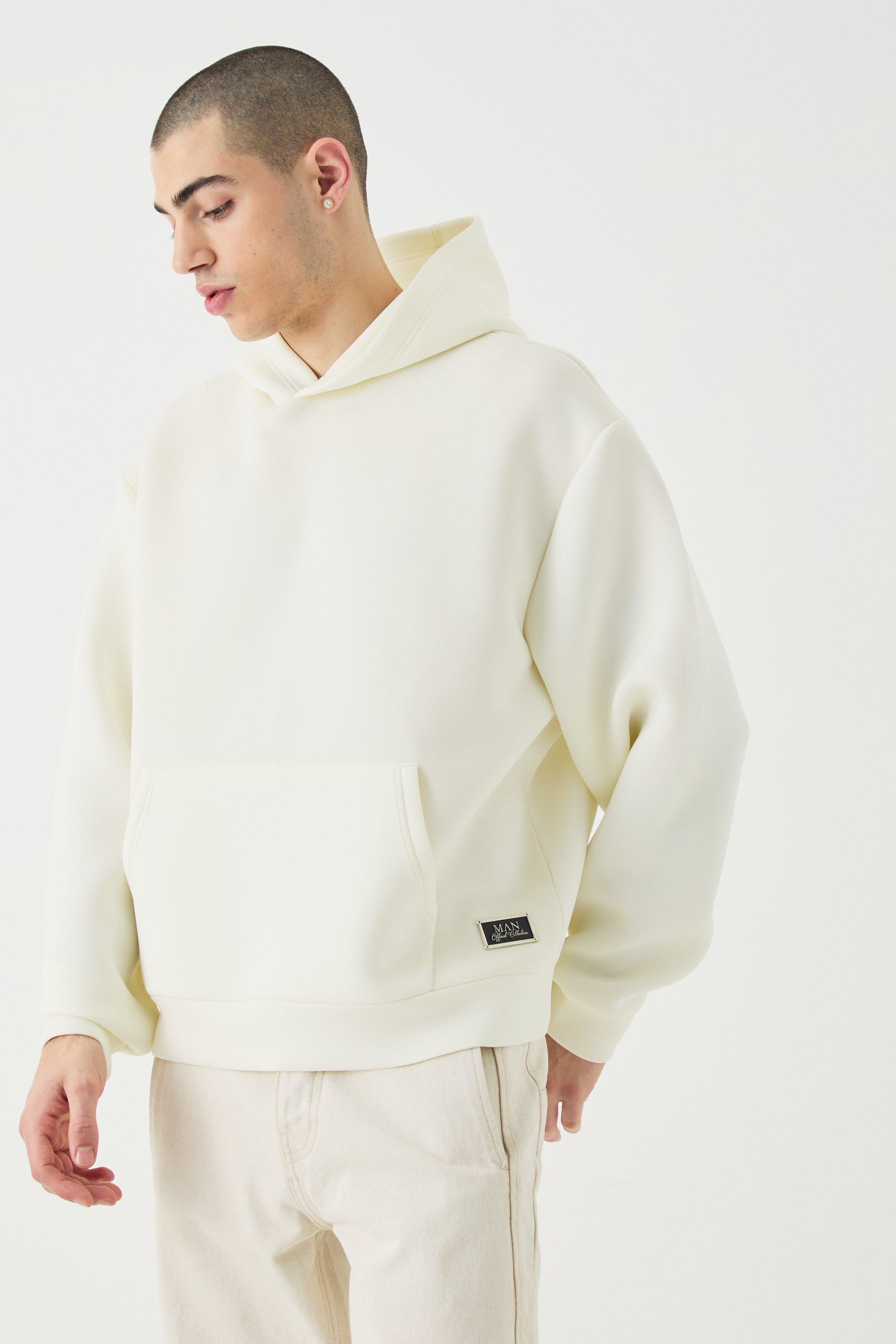 Mens Cream Oversized Boxy Bonded Scuba Hoodie, Cream Product Image