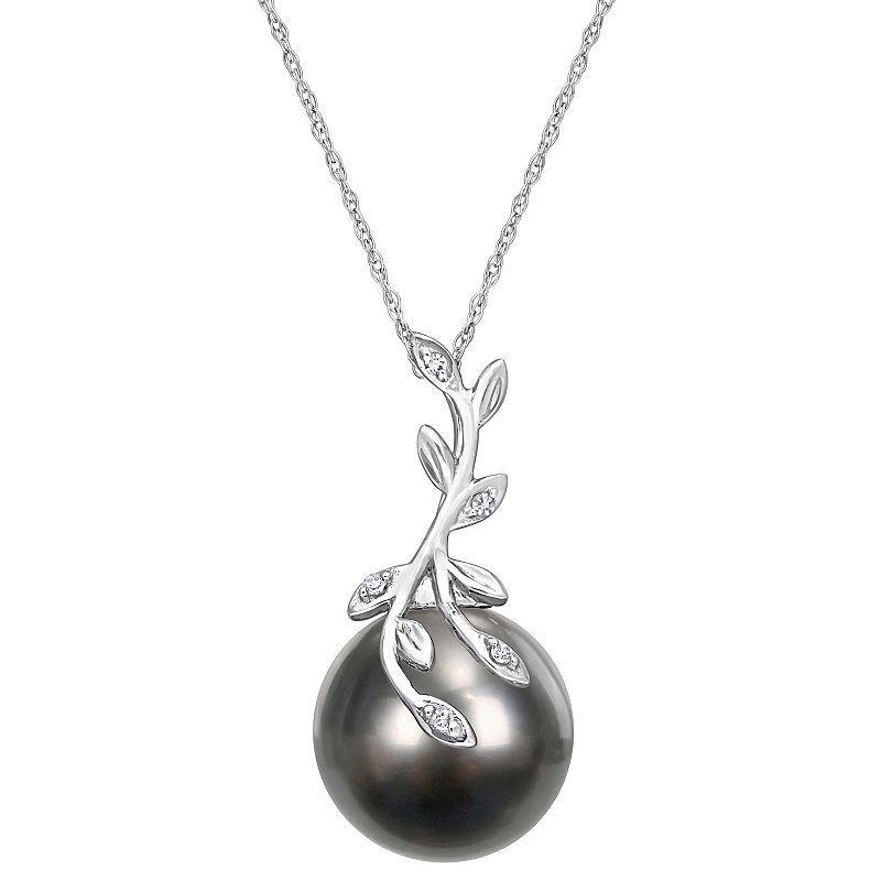 Stella Grace 14k White Gold Tahitian Cultured Pearl & Diamond Accent Leaf Pendant Necklace, Womens Product Image