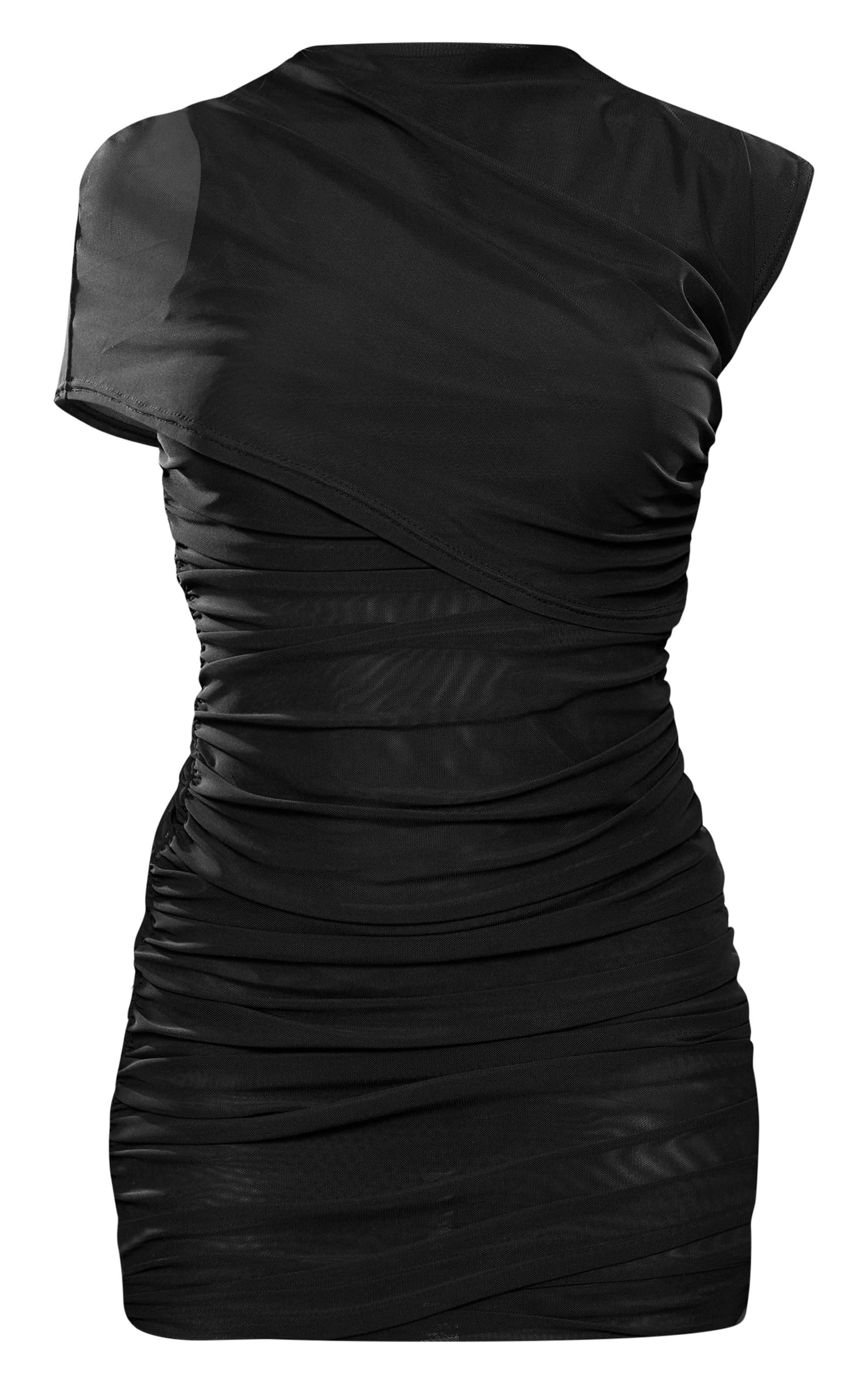 Black Mesh High Neck One Shoulder Mini Dress Product Image