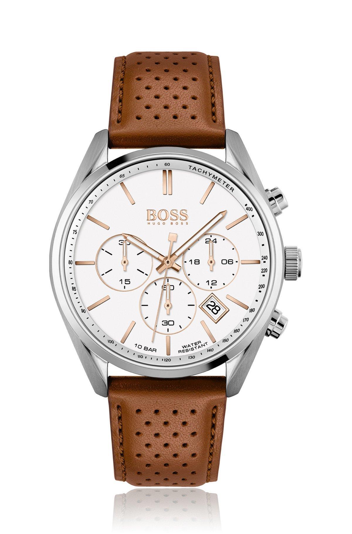 White-dial chronograph watch with perforated leather strap Product Image