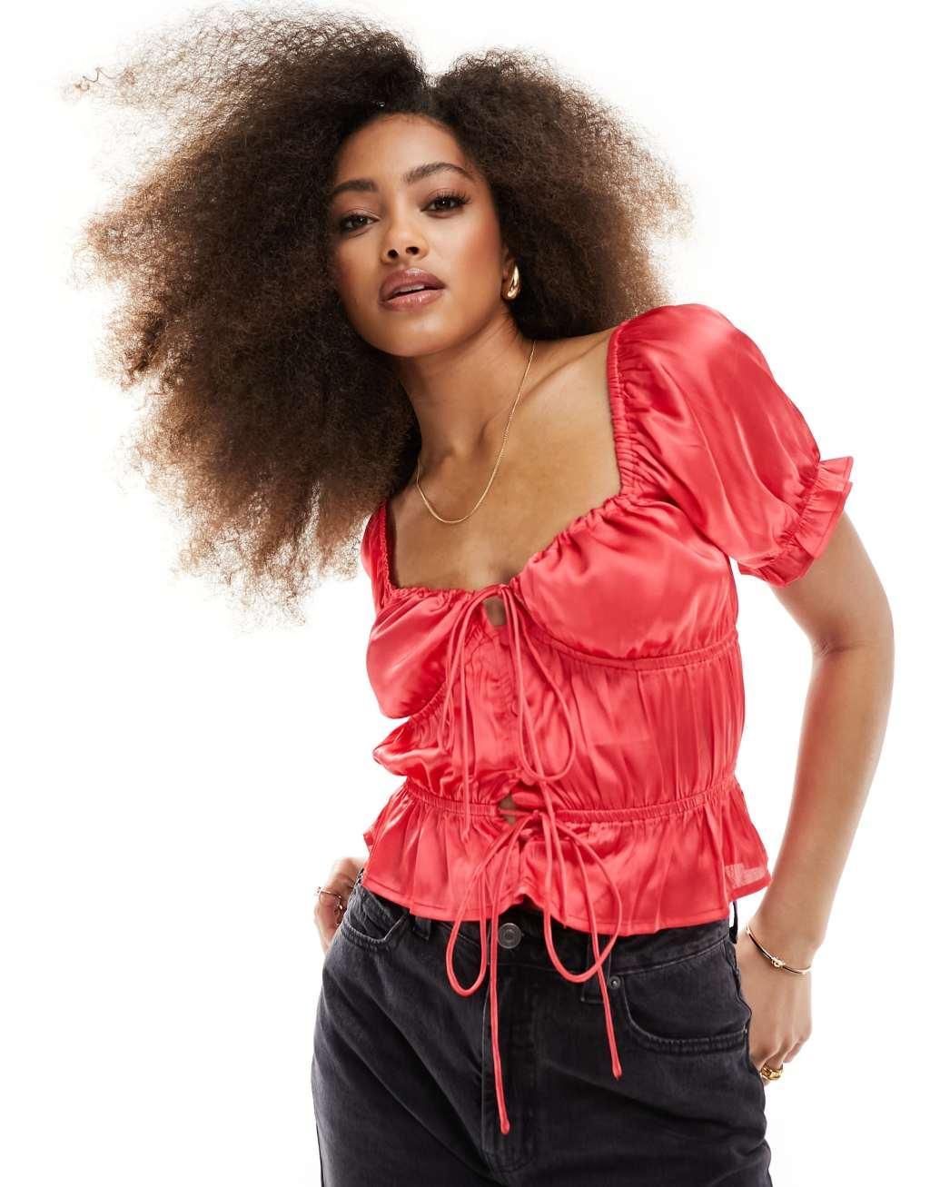 ASOS DESIGN puff sleeve satin top in red Product Image