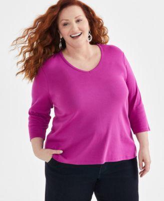 Style & Co Plus Size Cotton V-Neck 3/4-Sleeve Top, Created for  Product Image