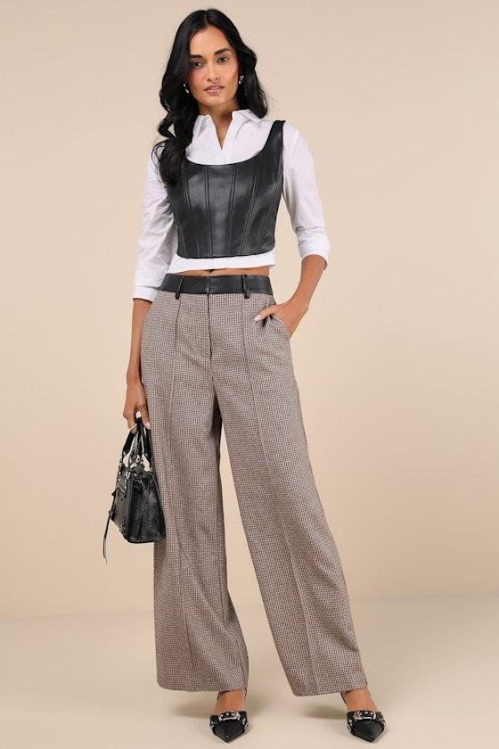 Memorably Chic Brown Houndstooth Tweed Wide-Leg Pants Product Image