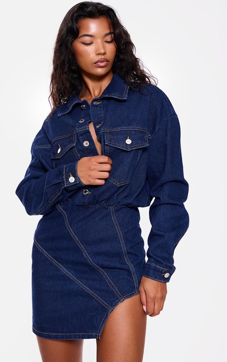 Indigo Blue Wash Seam Detail Curved Hem Denim Mini Dress Product Image