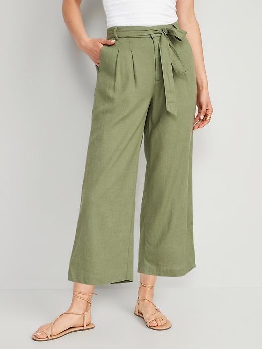 High-Waisted Linen-Blend Cropped Wide-Leg Pants product image