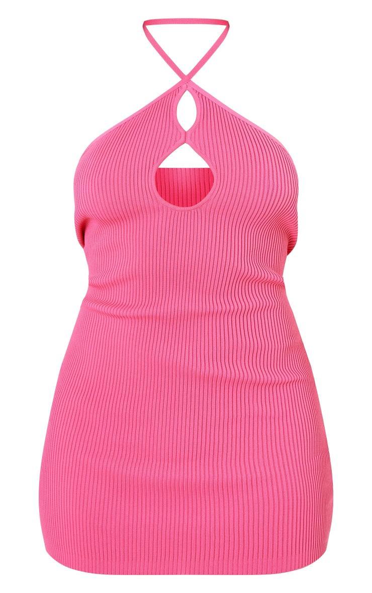 Pink Halter Neck Key Hole Rib Knit Mini Dress Product Image