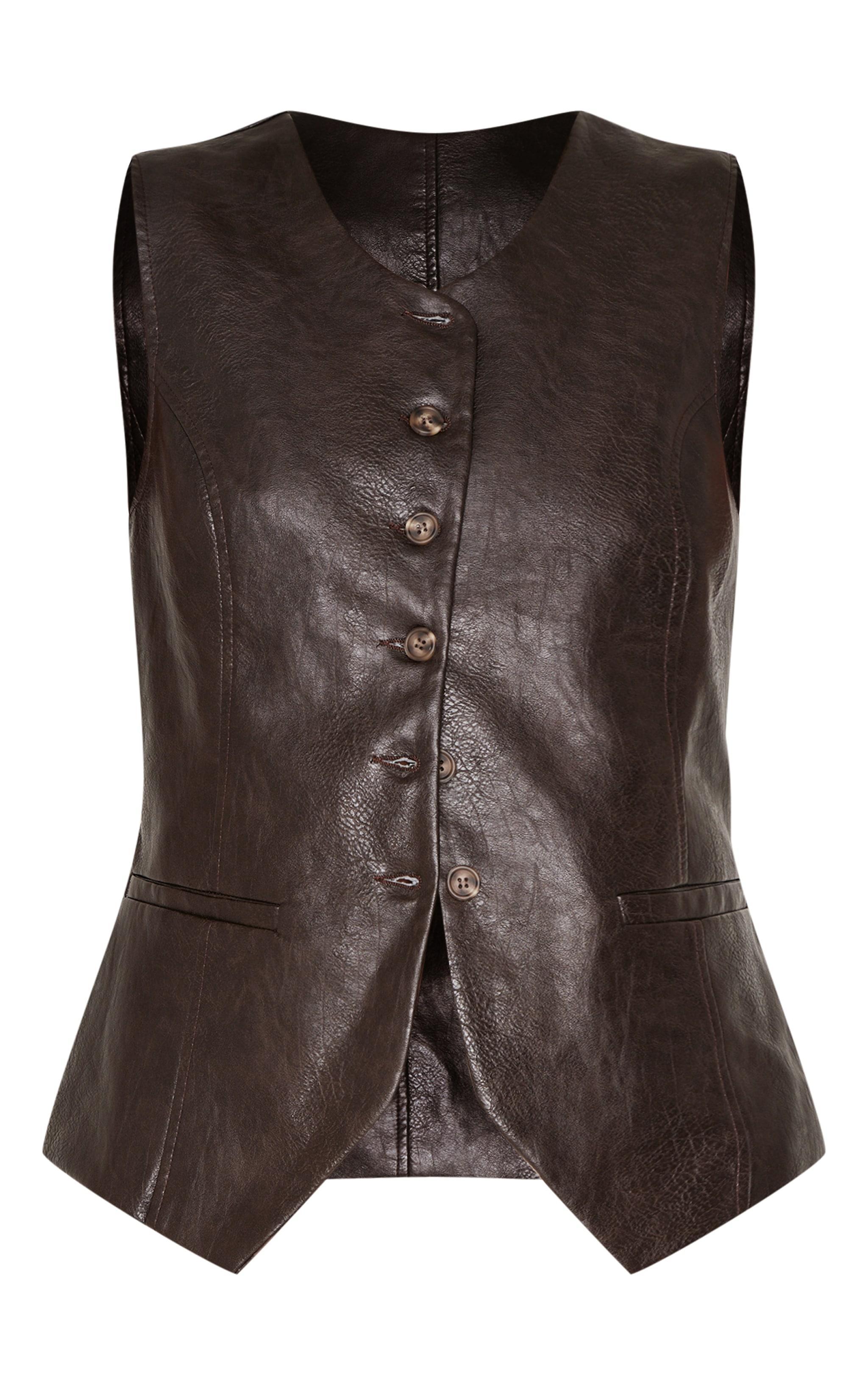 Brown Faux Leather Long Line Button Up Vest Product Image