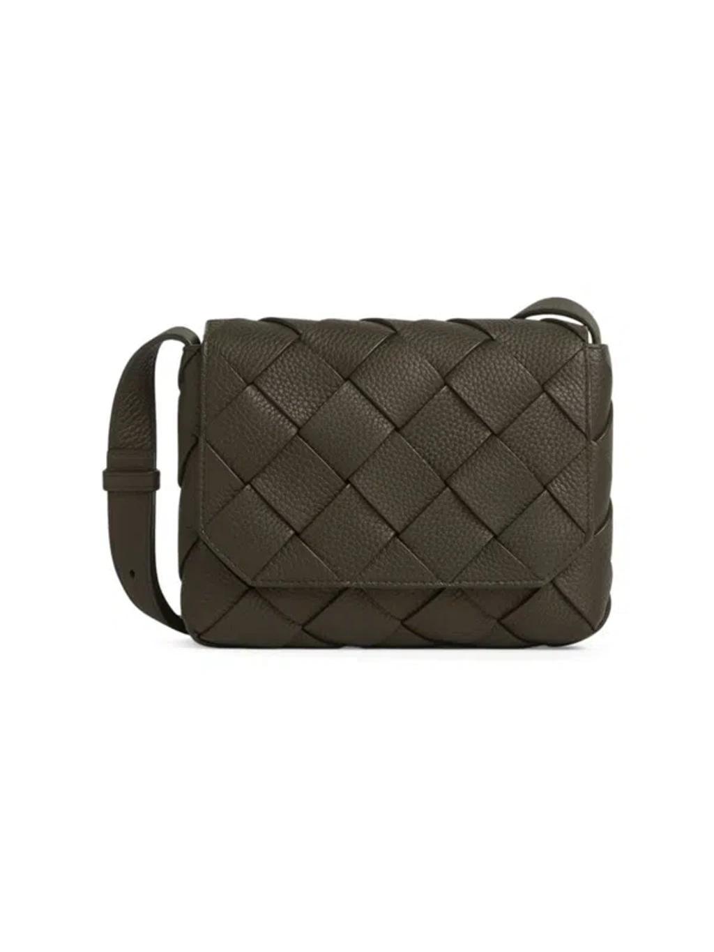 BOTTEGA VENETA Men's Small Diagonal Intreccio Leather Messenger Bag In Kaki Silver Product Image