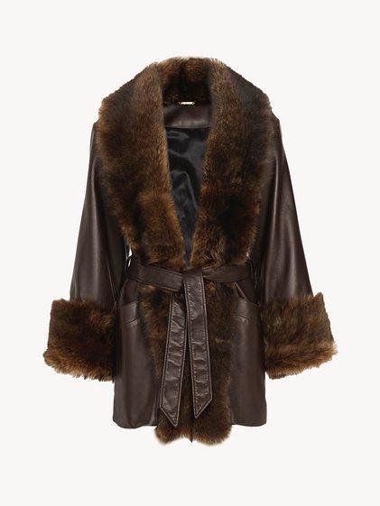 Belted oversized coat in leather Product Image