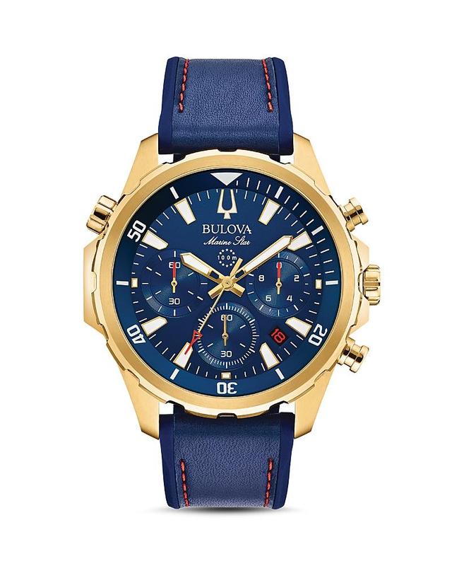 Bulova Mens Chronograph Marine Star Blue Leather & Silicone Strap Watch 43mm Product Image