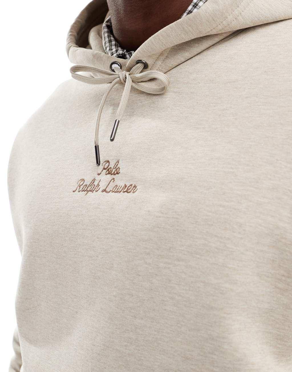 Polo Ralph Lauren central script logo double knit hoodie in heathered beige Product Image