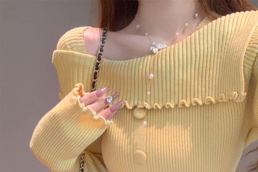 Long-Sleeve Square Neck Plain Button Accent Lettuce Edge Slit Knit Top Product Image