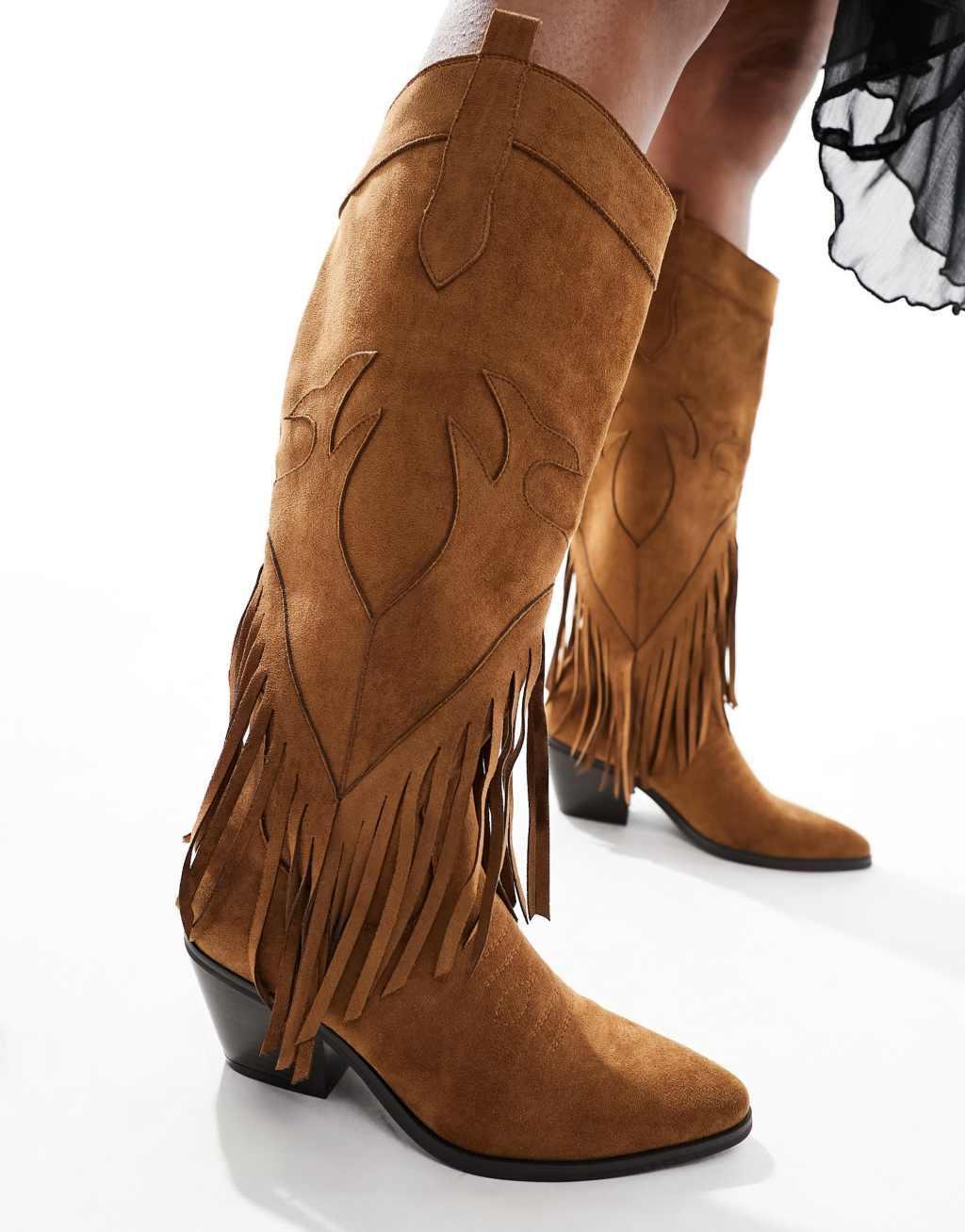 Glamorous knee tassel western boots in chestnut Product Image