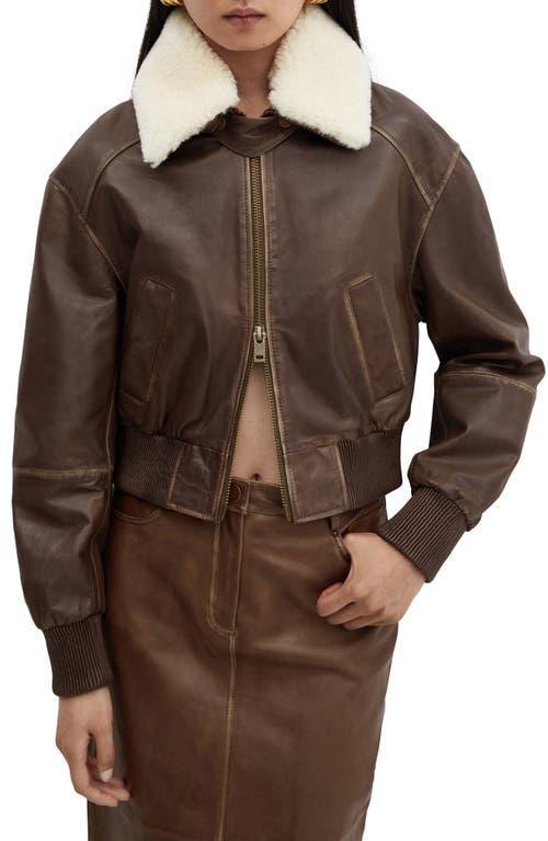 MANGO Leather Bomber with Removable Faux Shearling Collar Product Image