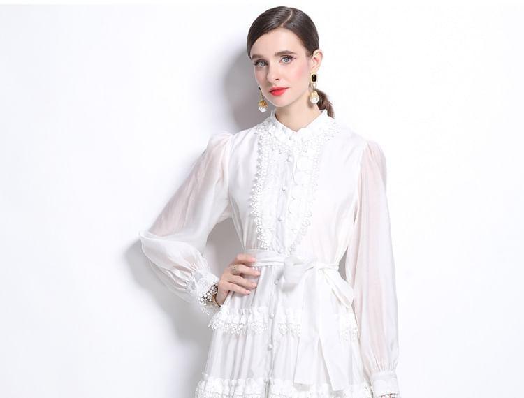 Long Sleeve Band Collar Plain Tiered Button Panel Lace Maxi A-Line Dress Product Image