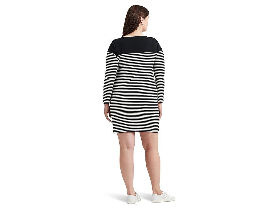 LAUREN Ralph Lauren Plus-Size Striped Cotton Boatneck Dress (Black/Mascarpone Cream) Women's Dress Product Image