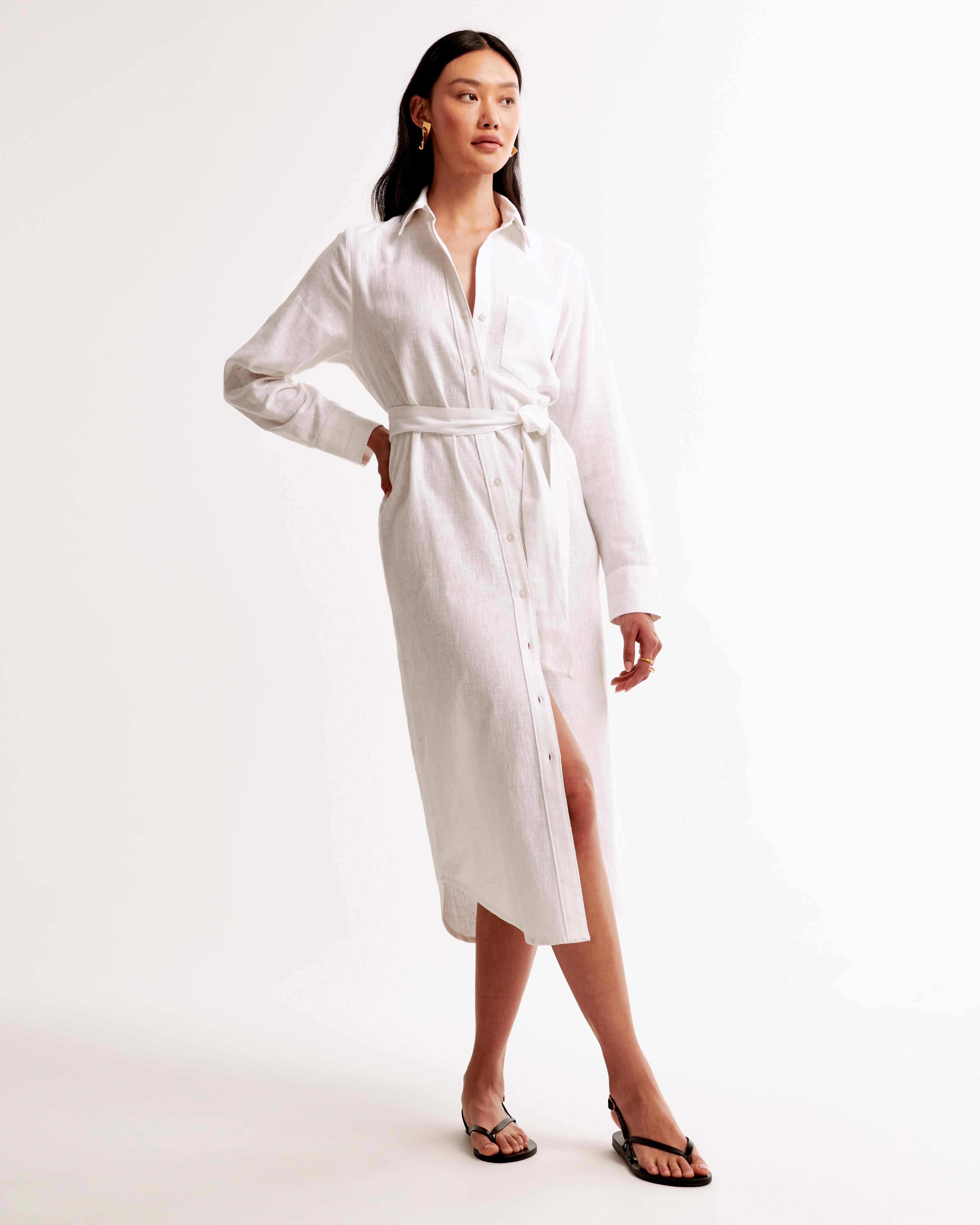 Linen-Blend Midi Shirt Dress Product Image