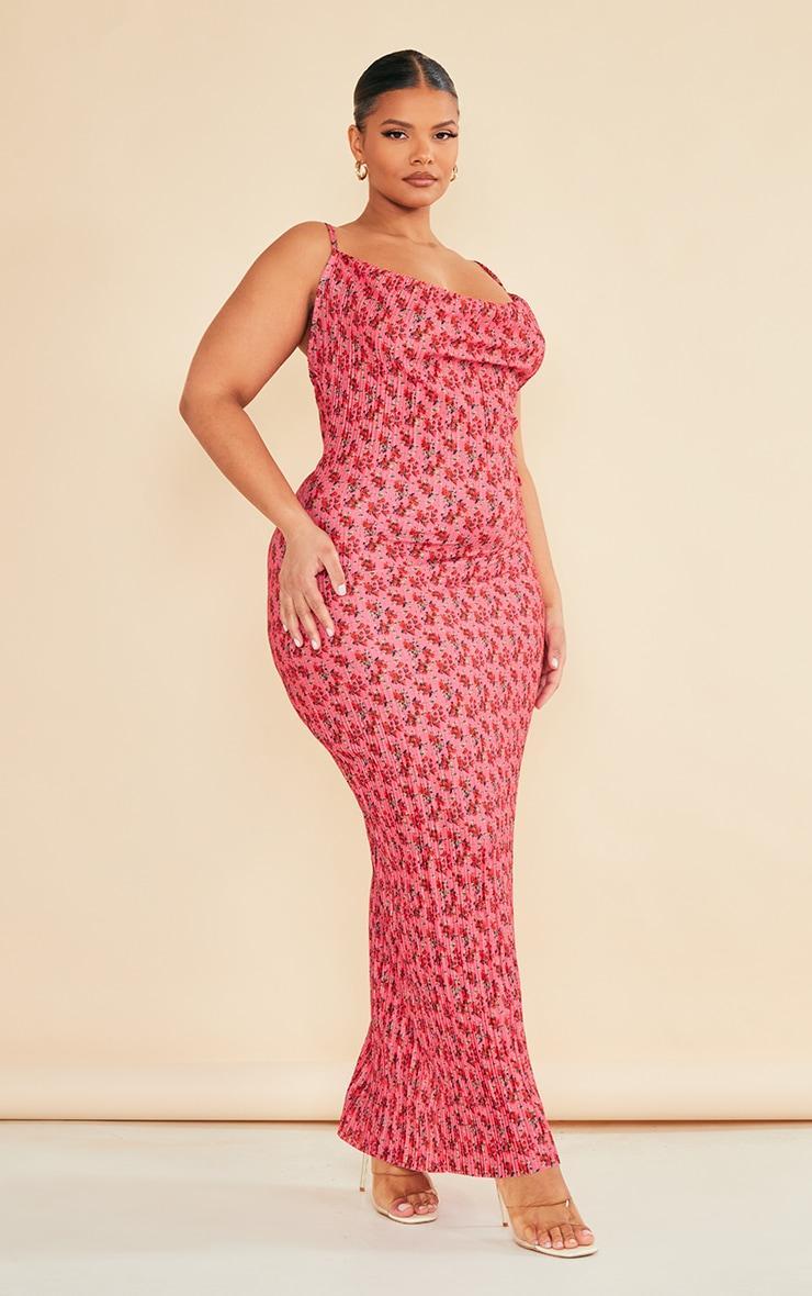 Plus Rose Floral Printed Plisse Cowl Neck Maxi Dress Product Image