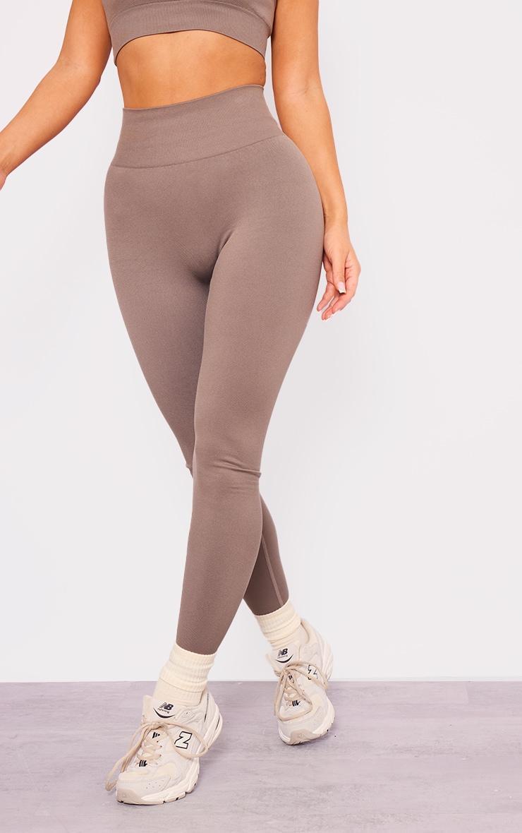 Taupe Basic Seamless High Waist Detail Gym Leggings Product Image