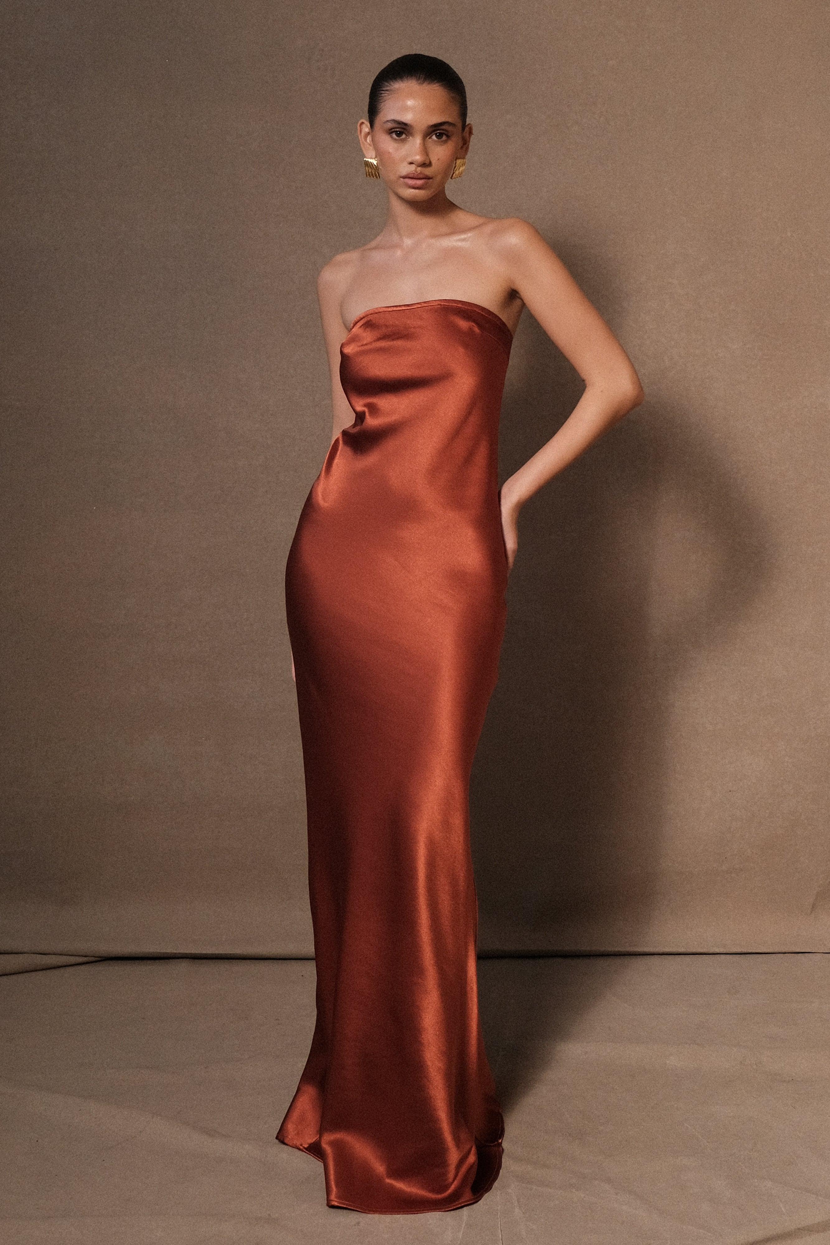 Claudette Strapless Satin Maxi Dress - Burnt Orange Product Image