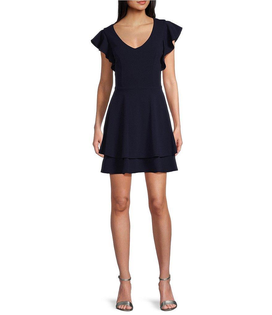 Next Up Short Flutter Sleeve V-Neck Back Twist Cut Out Loop And Button Solid Dress Product Image