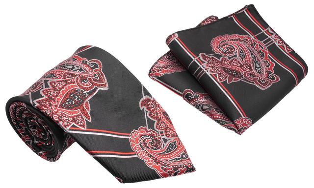 Black and Vermilion Red Paisley Pattern Men's Classic Tie and Pocket Square Set Male Product Image