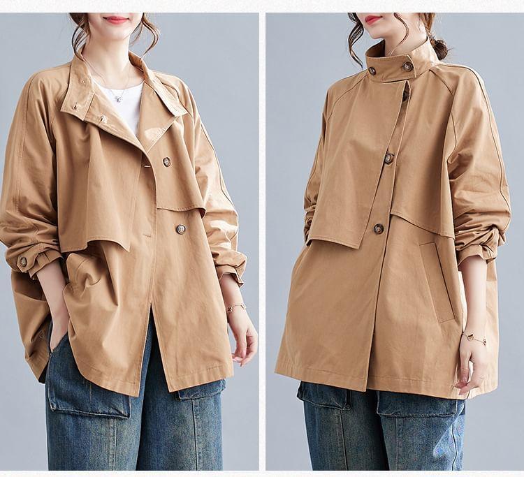 Stand Collar Plain Single-Breasted Trench Jacket Product Image