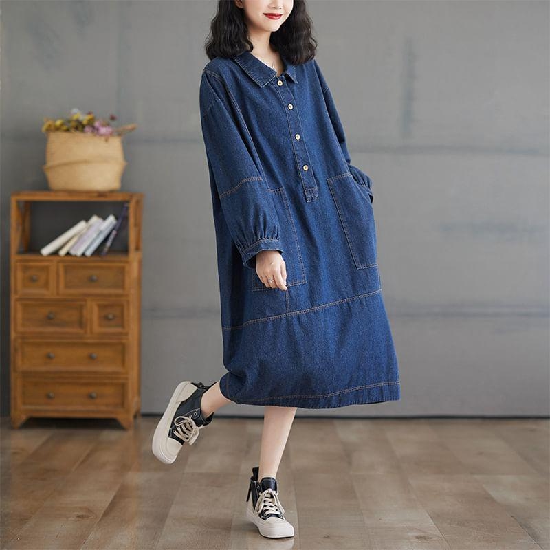 Puff-Sleeve Henley Denim Midi Shirt Dress Product Image