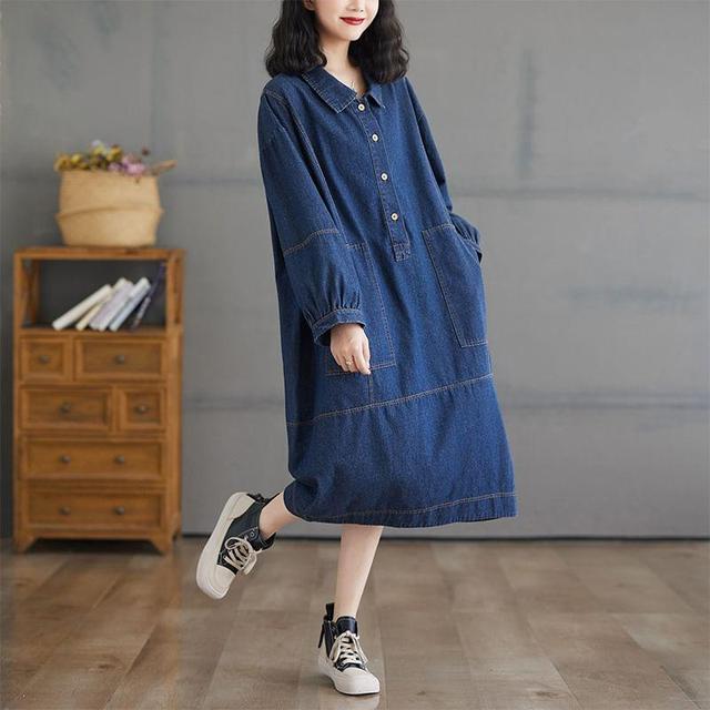 Puff-Sleeve Henley Denim Midi Shirt Dress Product Image