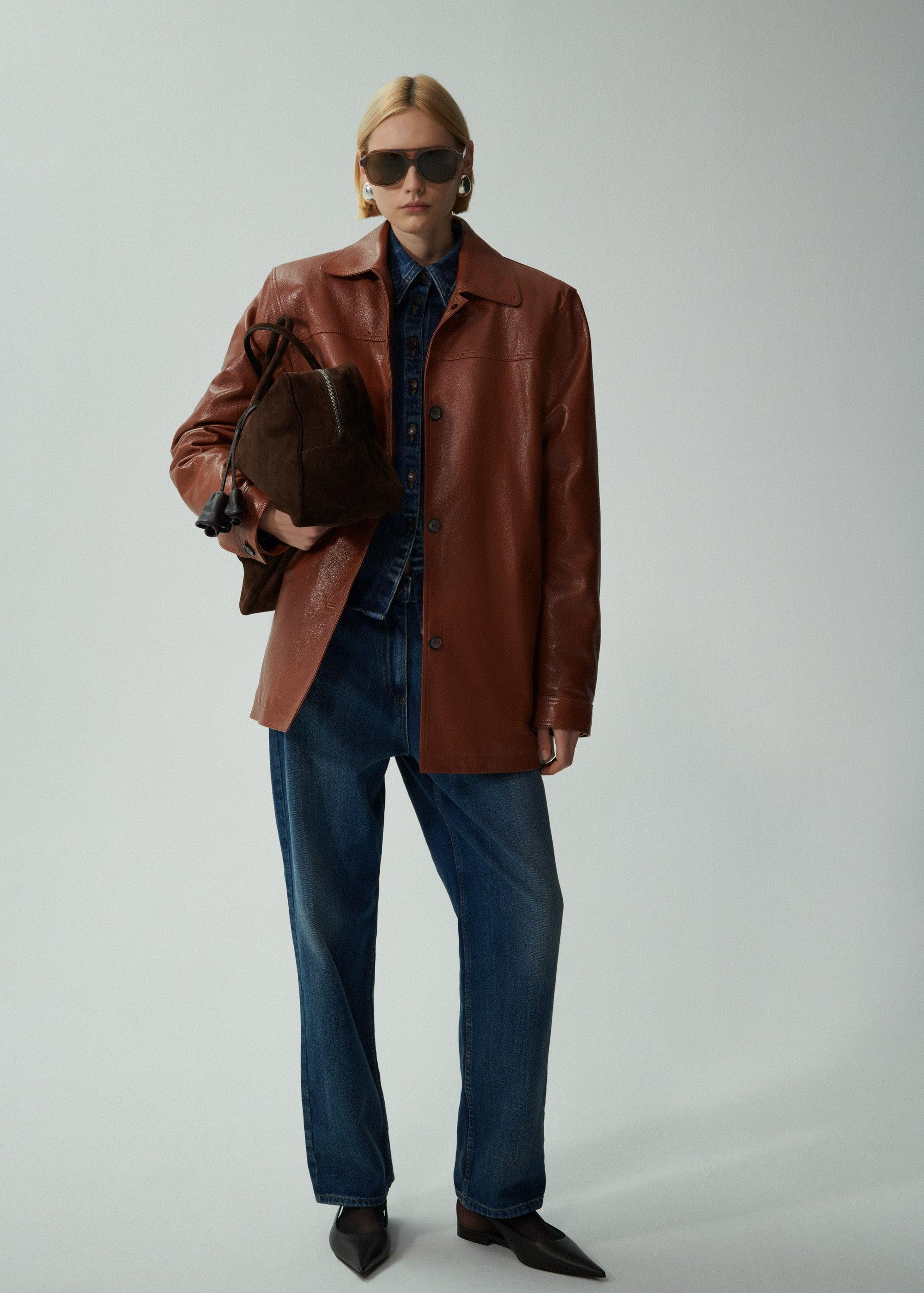 Oversized leather button up jacket in camel Product Image