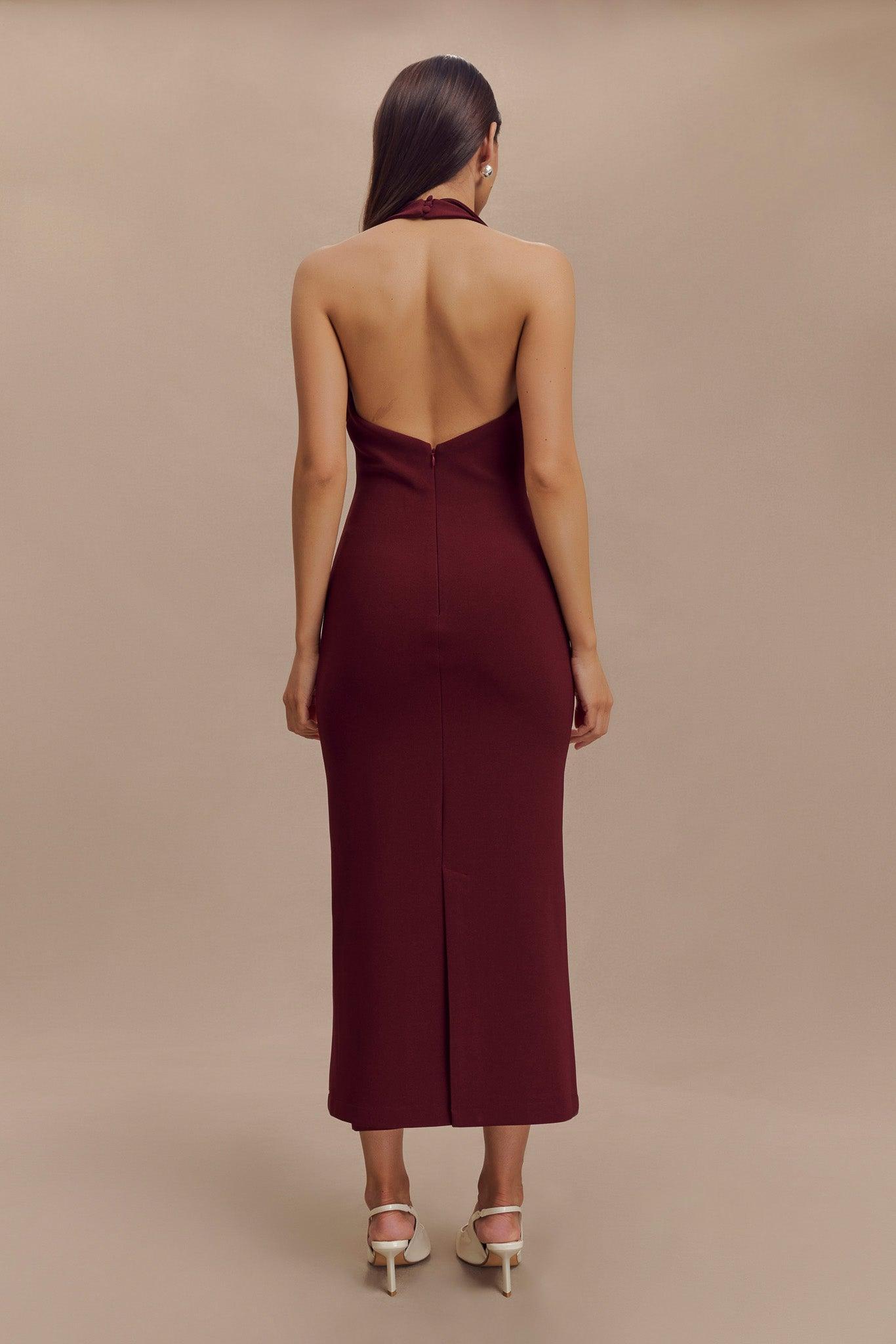 Annita Crepe Halter Midi Dress - Merlot Product Image